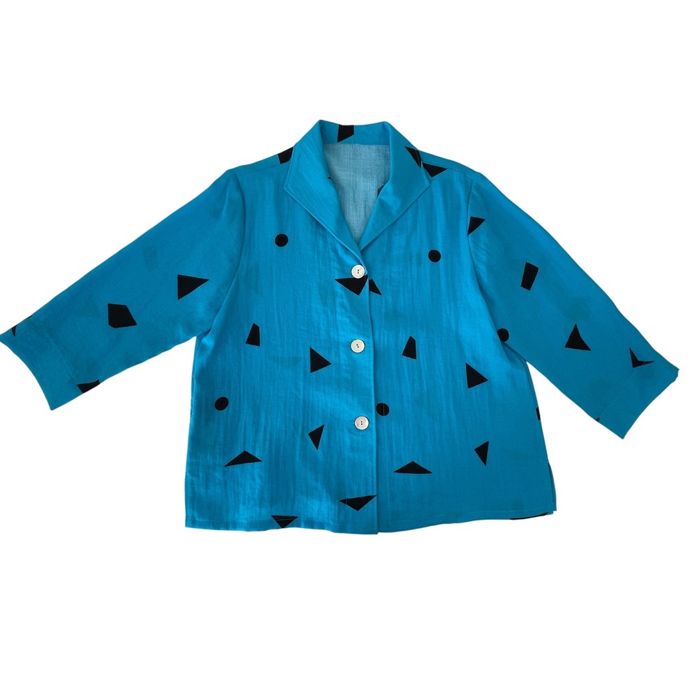 Vintage 80s Fridaze Linen Shirt Blue Geometric Abstract Print Boxy Top Large